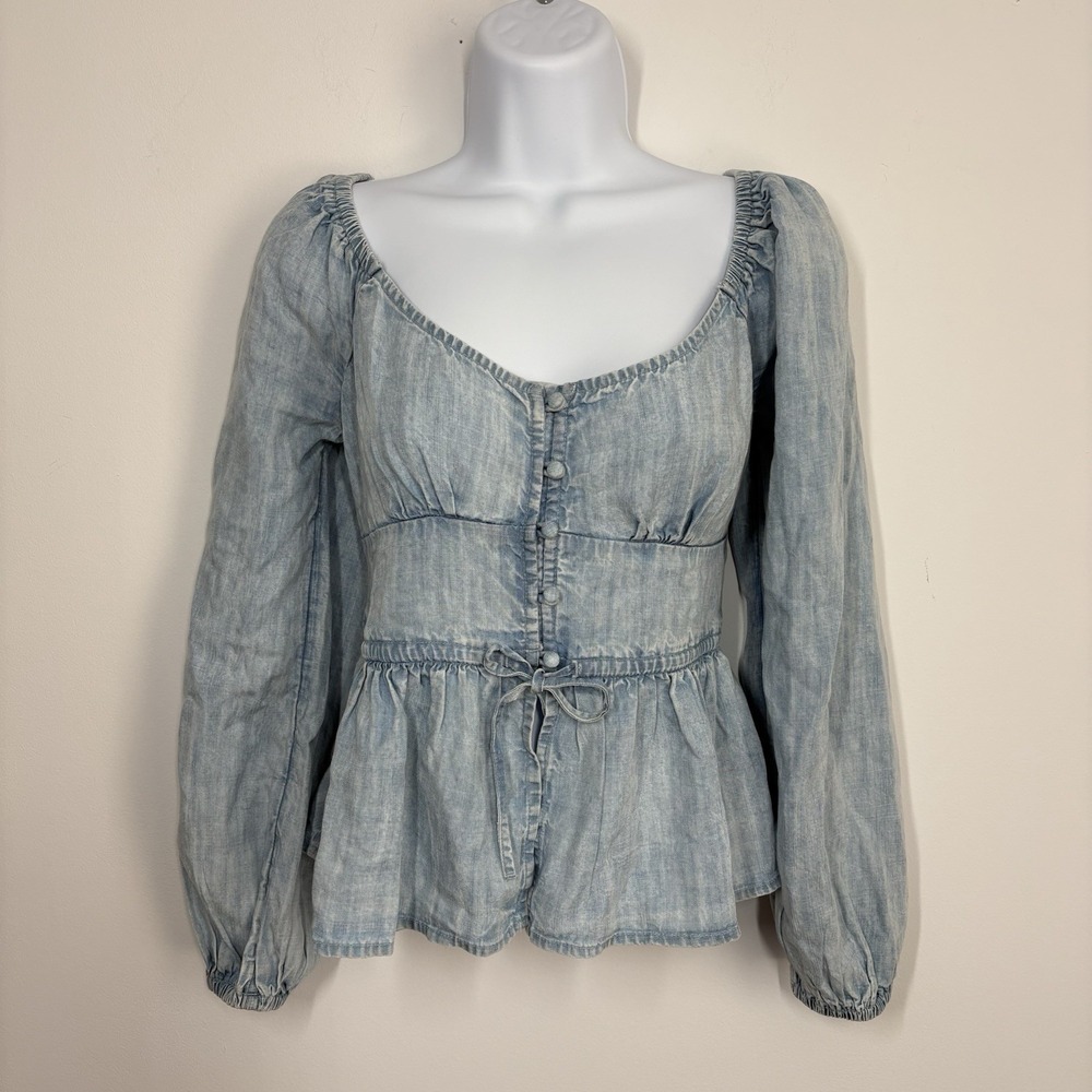 Aerie Womens Chambray Peplum Top Size XS Button Front Long Sleeve Blouse Smocked